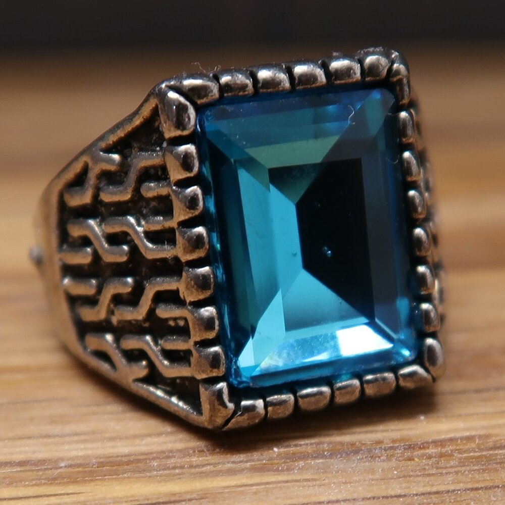 Men's Silver Tone Statement Ring Chunky Band Large Light Blue Rectangular Stone - Picture 6 of 8